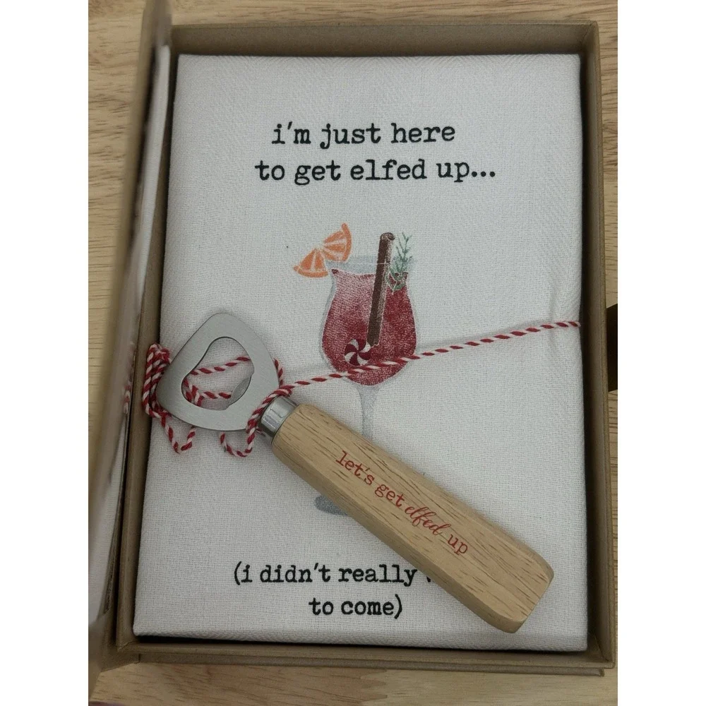 NWT Mud Pie Christmas Kitchen Towel & Bottle Opener 2 Piece Set Elfed Up #33 - Picture 1 of 5